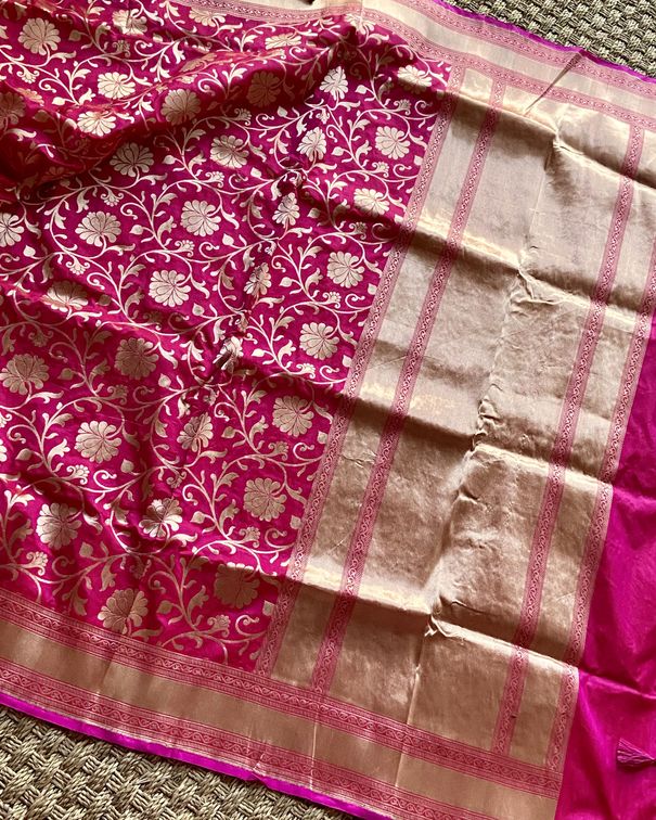 Pink Jaal Banarasi Katan With Kaddi Borders mayukhasarees