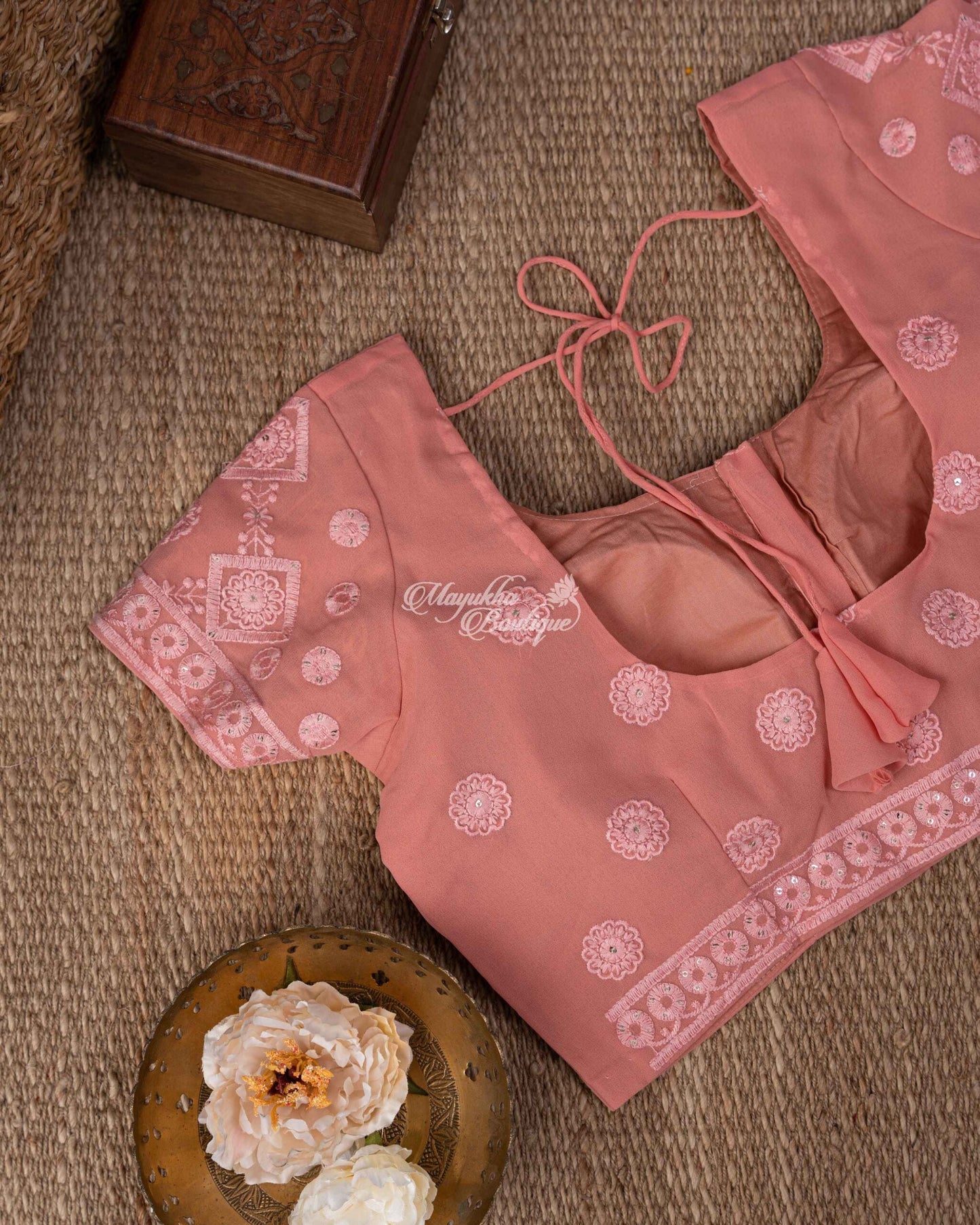 Pure Georgette Chikankari On Georgette Peach Cantaloupe Saree With Stitched Blouse In Size 38-44 mayukhasarees