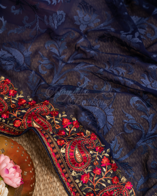 Pure Georgette Midnight Blue Sozni-Kashmir Embroidery Saree mayukhasarees