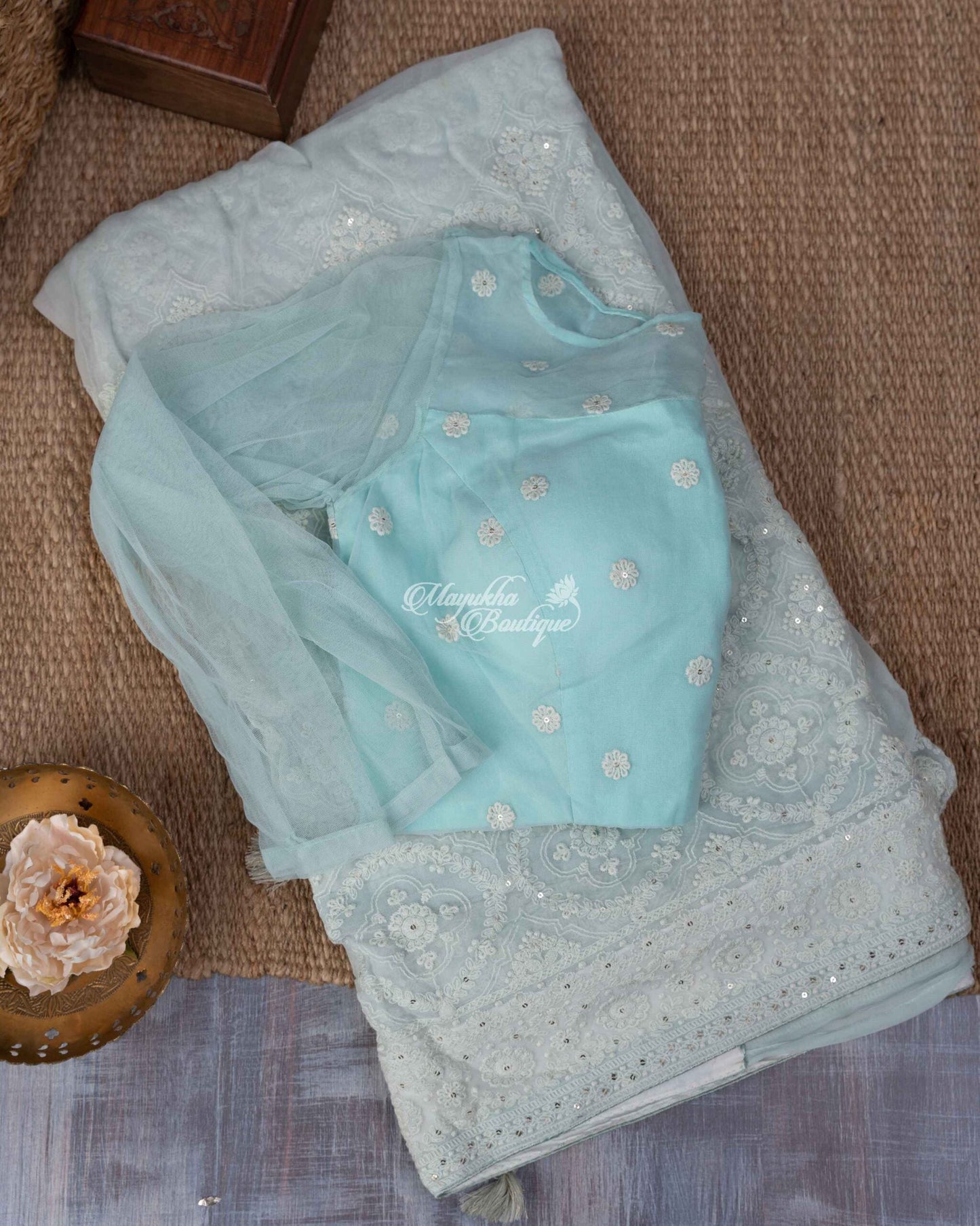 Pure Georgette With Chikankari Embroidery Ice Blue Blue Chikans Saree With Stitched Blouse In Size 38-44 mayukhasarees