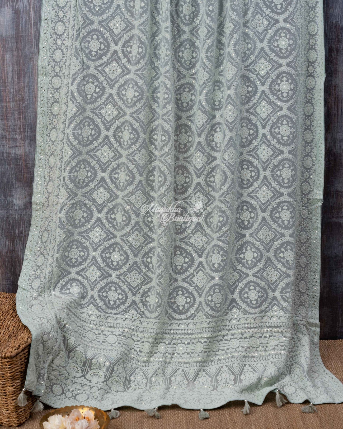 Pure Georgette With Chikankari Embroidery Ice Blue Blue Chikans Saree With Stitched Blouse In Size 38-44 mayukhasarees
