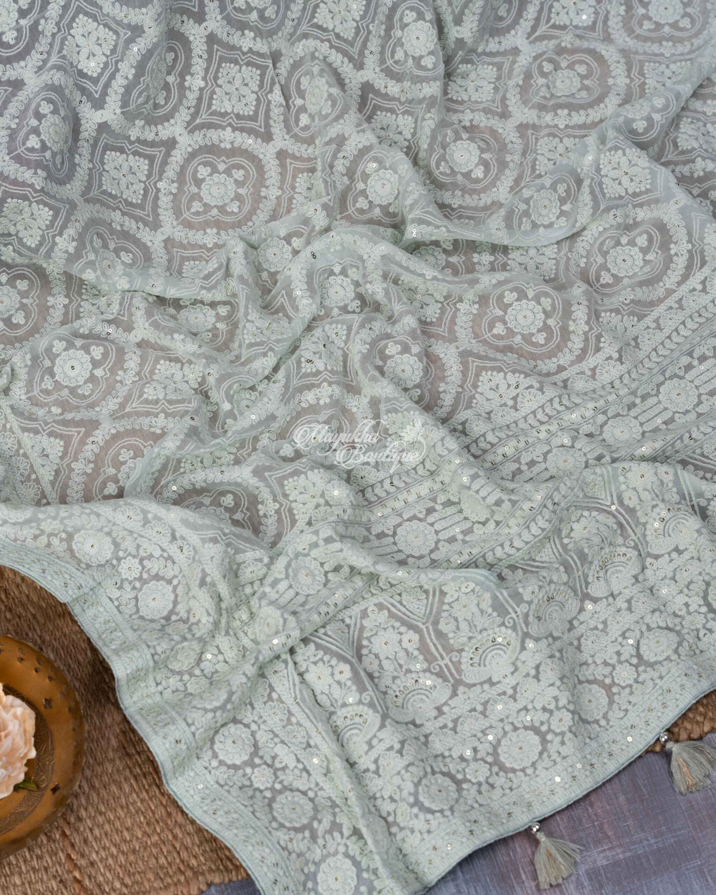 Pure Georgette With Chikankari Embroidery Ice Blue Blue Chikans Saree With Stitched Blouse In Size 38-44 mayukhasarees