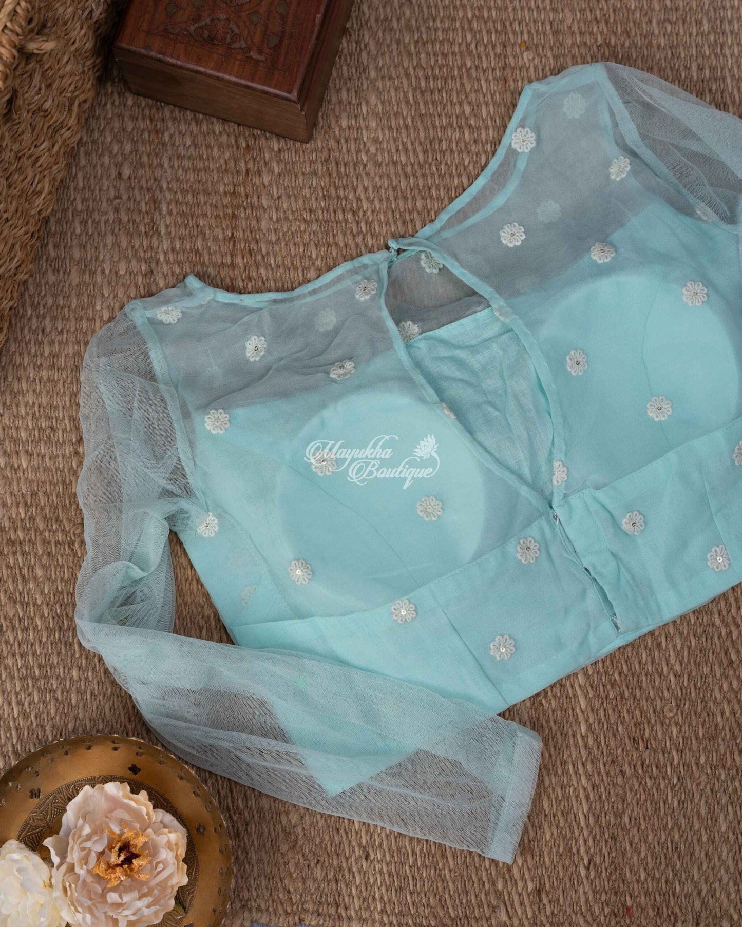Pure Georgette With Chikankari Embroidery Ice Blue Blue Chikans Saree With Stitched Blouse In Size 38-44 mayukhasarees
