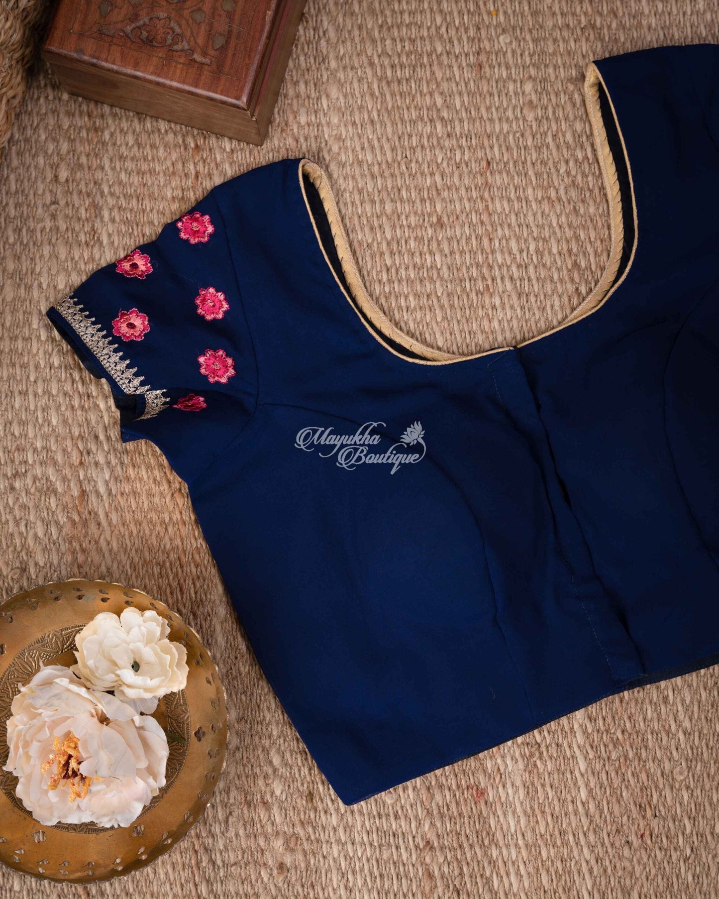 Pure Georgette With Kashmiri Work Navy Blue Pretty Florals Saree With Stitched Blouse In Size 38-44 mayukhasarees