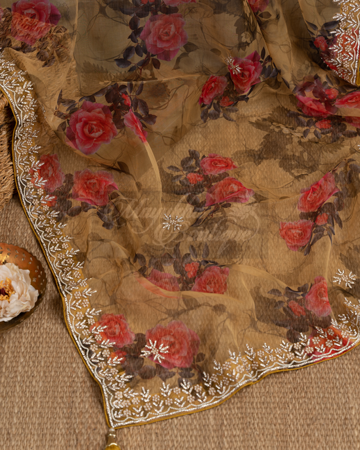 Pure Organza Burnt Yellow Swarovski Embroidery Saree mayukhasarees