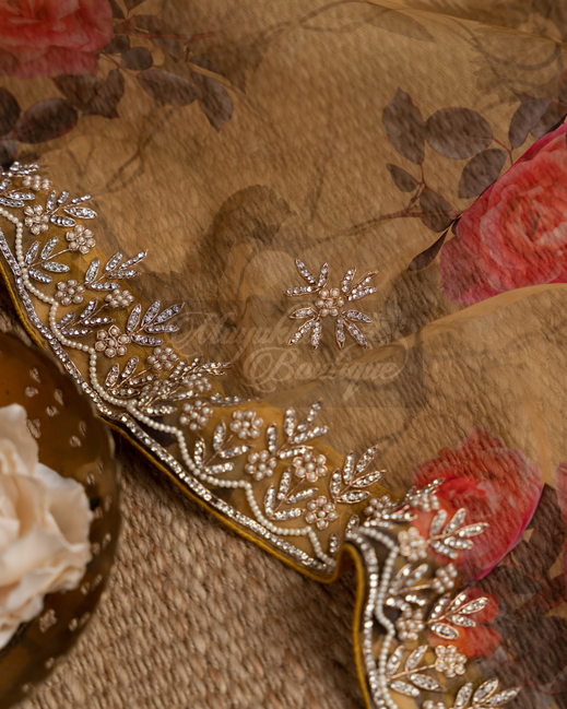 Pure Organza Burnt Yellow Swarovski Embroidery Saree mayukhasarees
