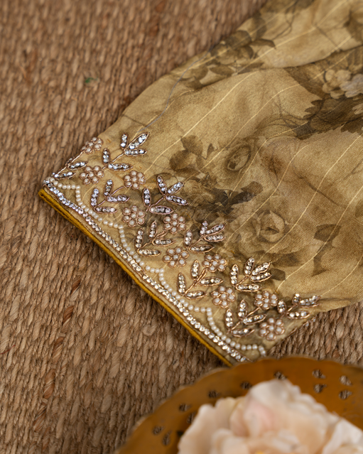 Pure Organza Burnt Yellow Swarovski Embroidery Saree mayukhasarees