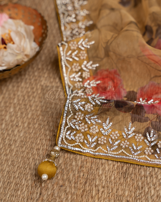 Pure Organza Burnt Yellow Swarovski Embroidery Saree mayukhasarees