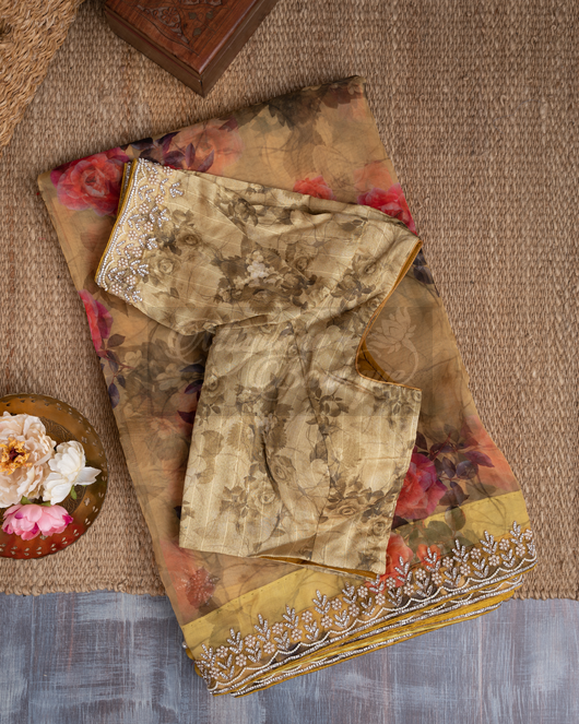 Pure Organza Burnt Yellow Swarovski Embroidery Saree mayukhasarees