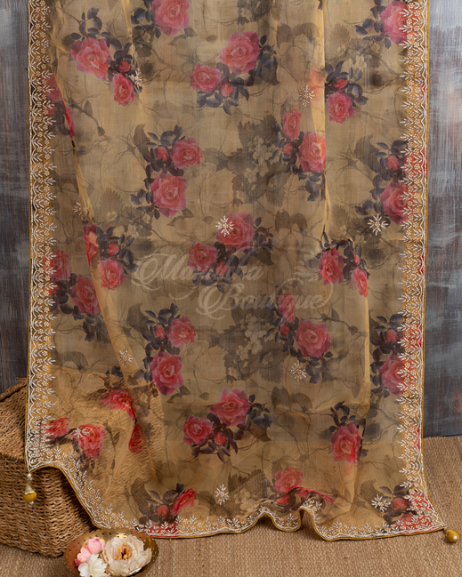 Pure Organza Burnt Yellow Swarovski Embroidery Saree mayukhasarees