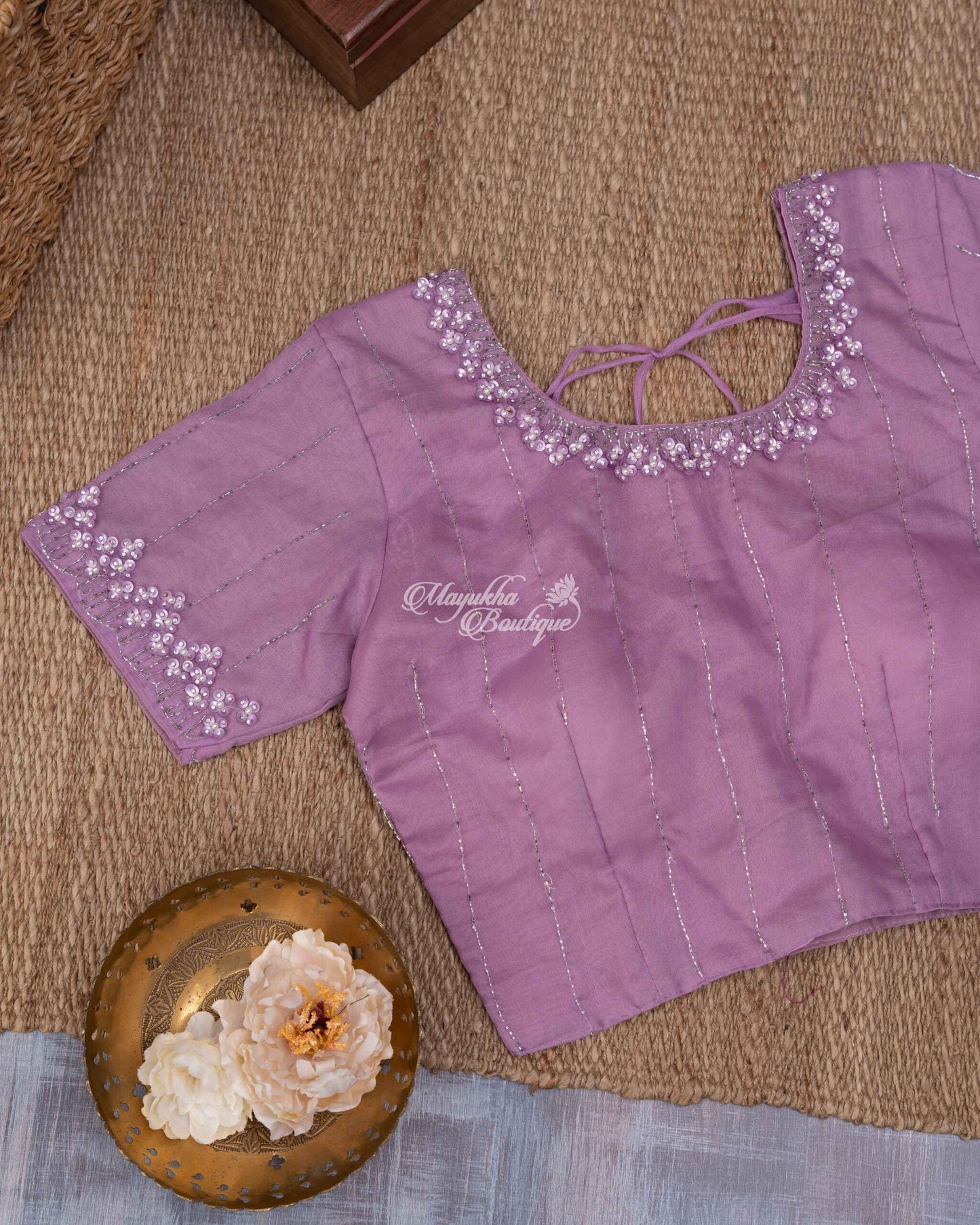 Pure Organza With Beads Work Lavender Lilac Bliss Saree With Stitched Blouse In Size 38-44 mayukhasarees