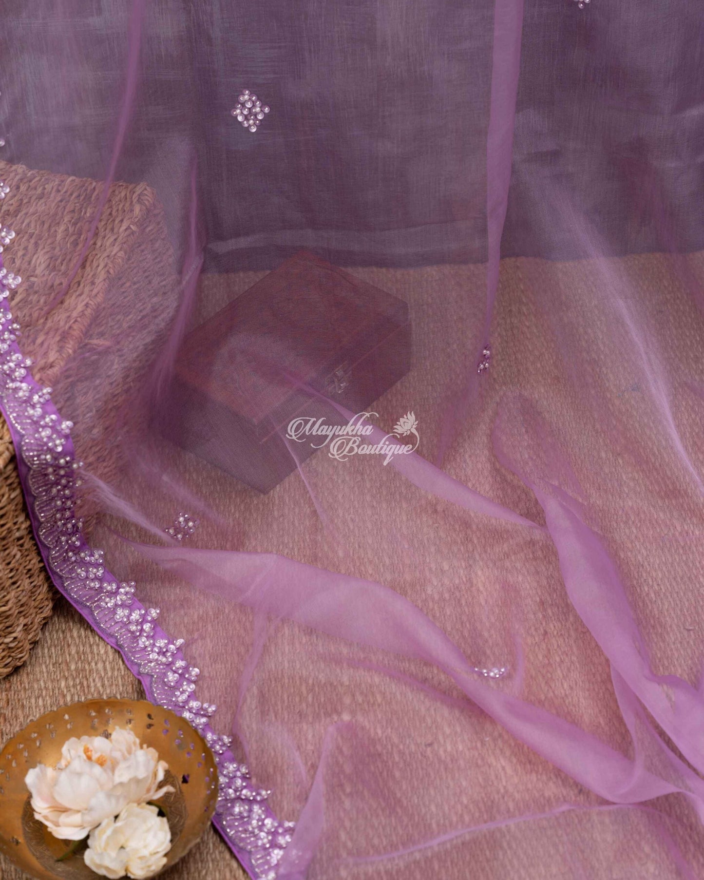Pure Organza With Beads Work Lavender Lilac Bliss Saree With Stitched Blouse In Size 38-44 mayukhasarees