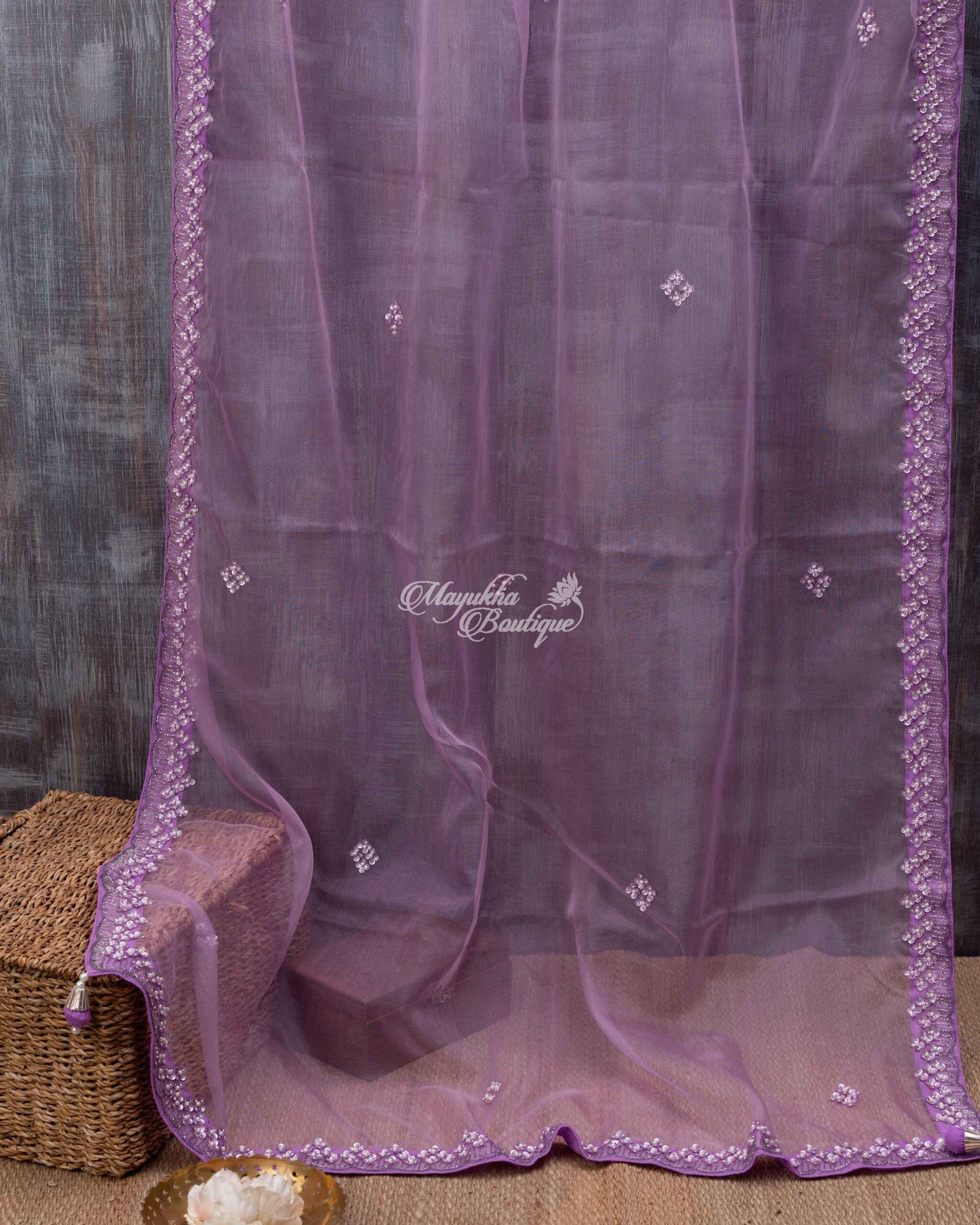 Pure Organza With Beads Work Lavender Lilac Bliss Saree With Stitched Blouse In Size 38-44 mayukhasarees