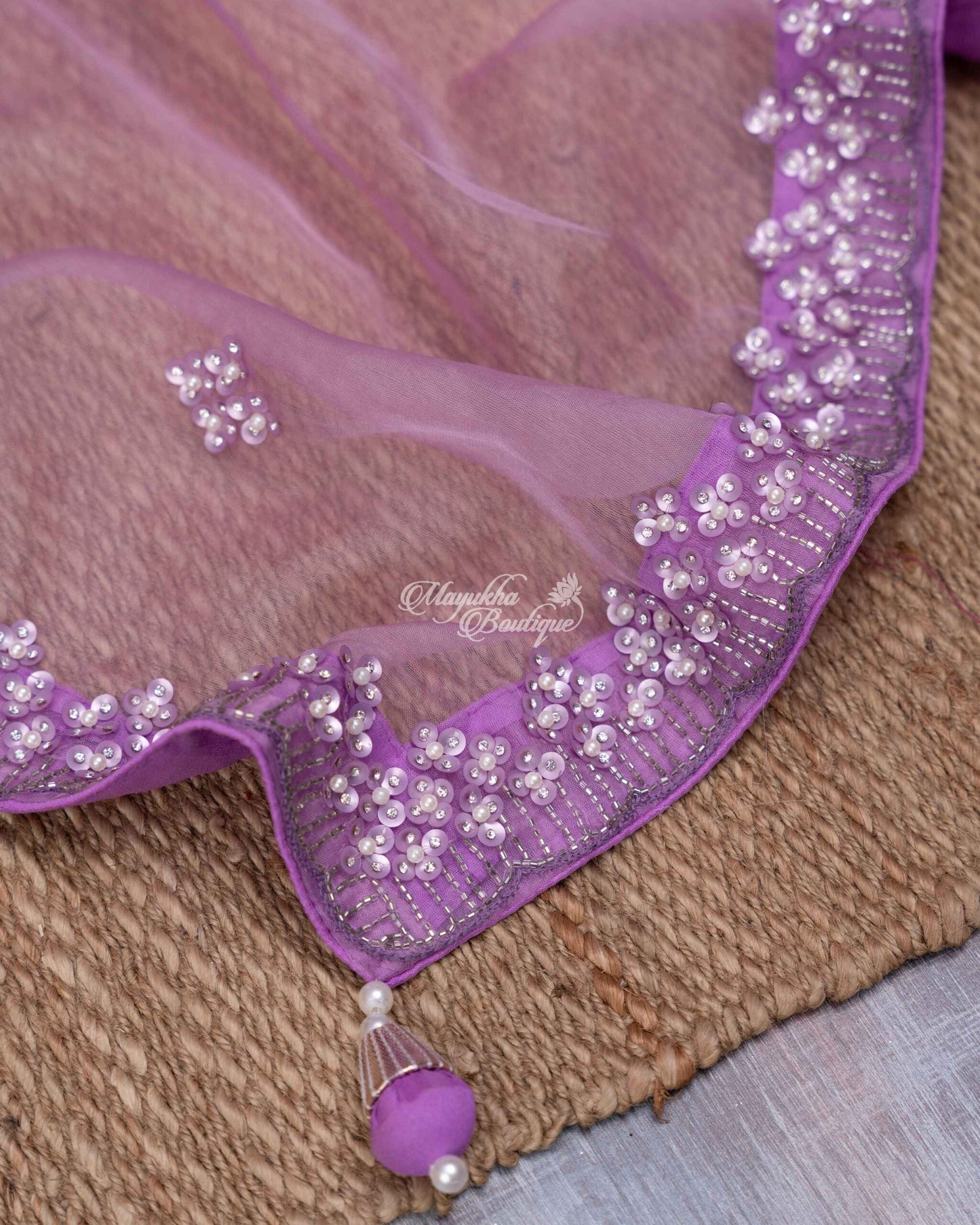 Pure Organza With Beads Work Lavender Lilac Bliss Saree With Stitched Blouse In Size 38-44 mayukhasarees