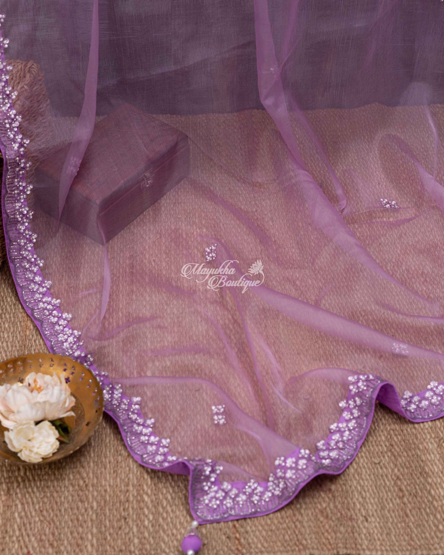 Pure Organza With Beads Work Lavender Lilac Bliss Saree With Stitched Blouse In Size 38-44 mayukhasarees