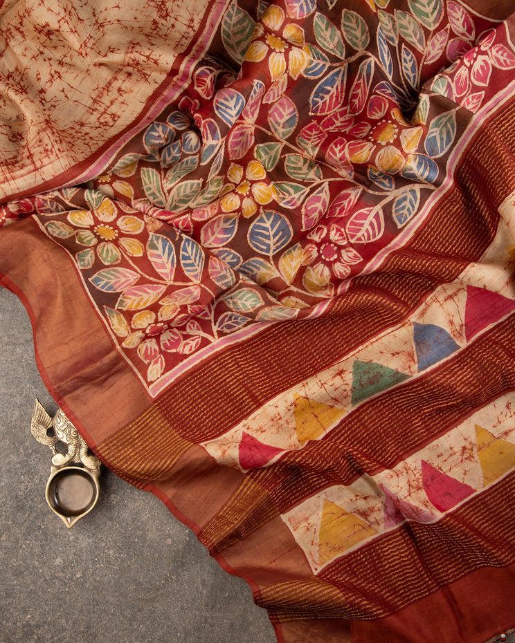 Pure Tassar Hand Batik Block Print Saree mayukhasarees