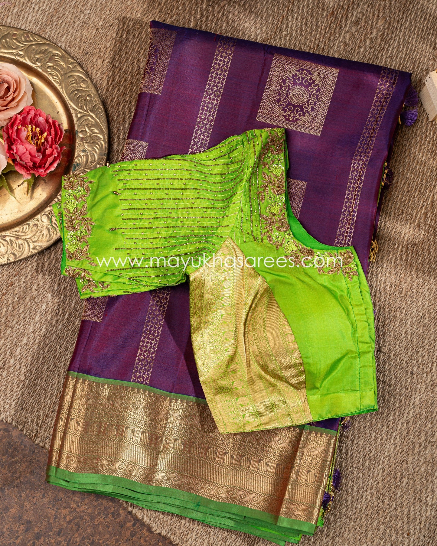 Purple And Green Kanchipuram Koravai Silk Saree With Stitched Blouse mayukhasarees