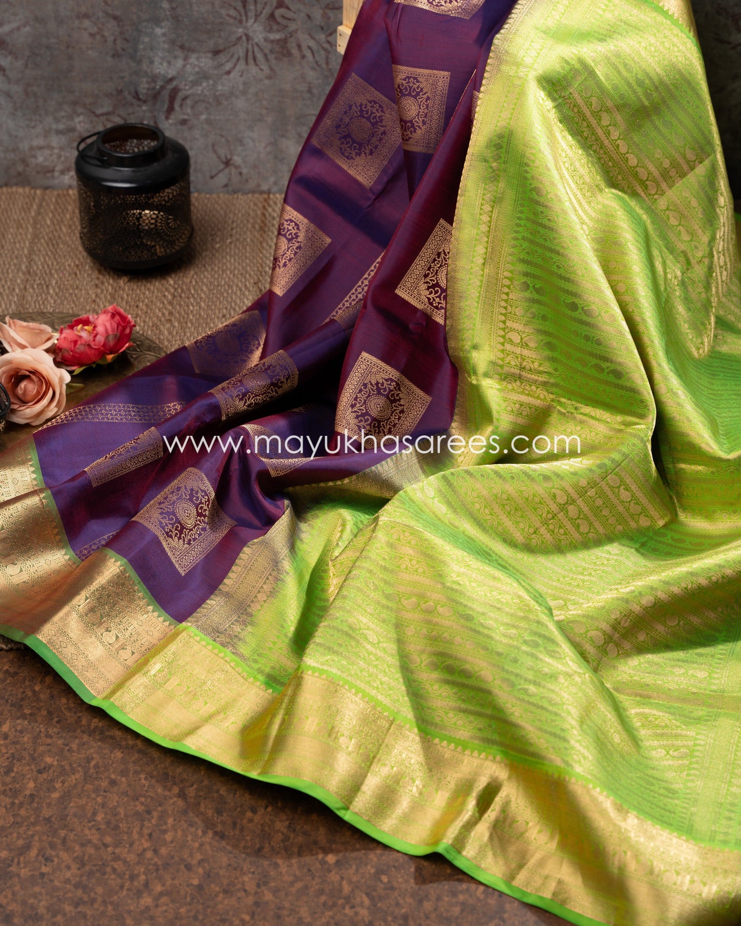 Purple And Green Kanchipuram Koravai Silk Saree With Stitched Blouse mayukhasarees