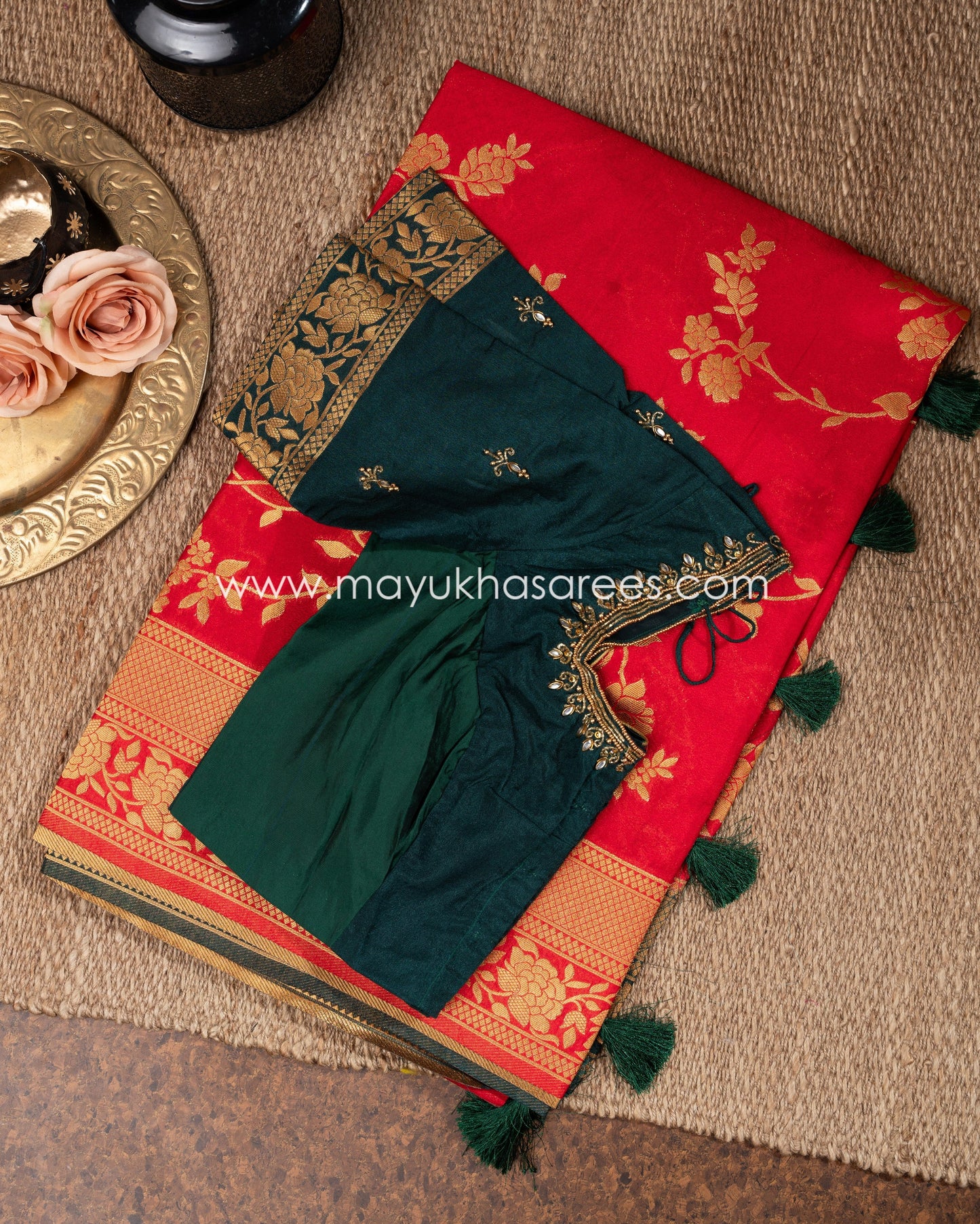 Red And Green Banarasi Munga Silk Saree With Stitched Blouse mayukhasarees