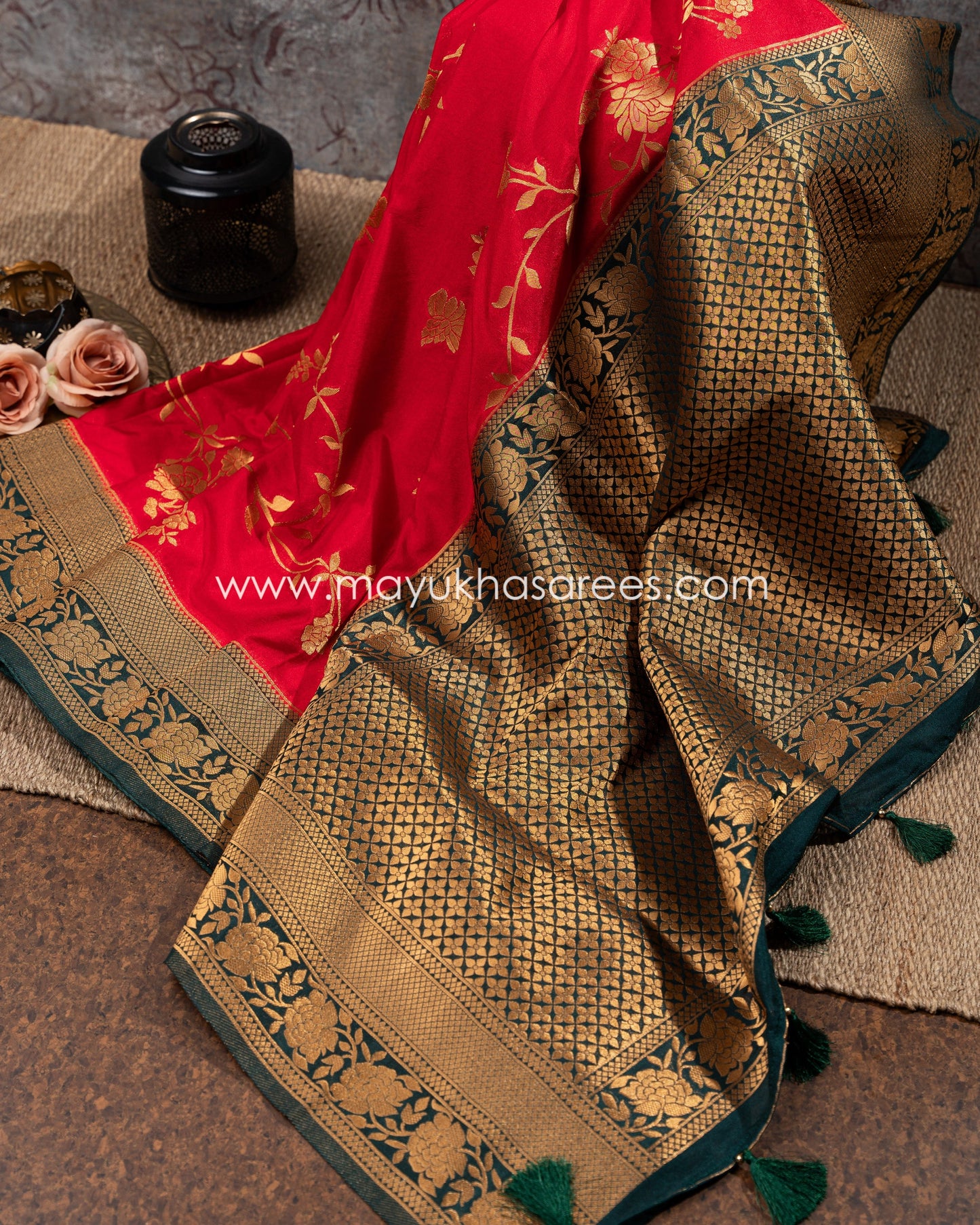 Red And Green Banarasi Munga Silk Saree With Stitched Blouse mayukhasarees