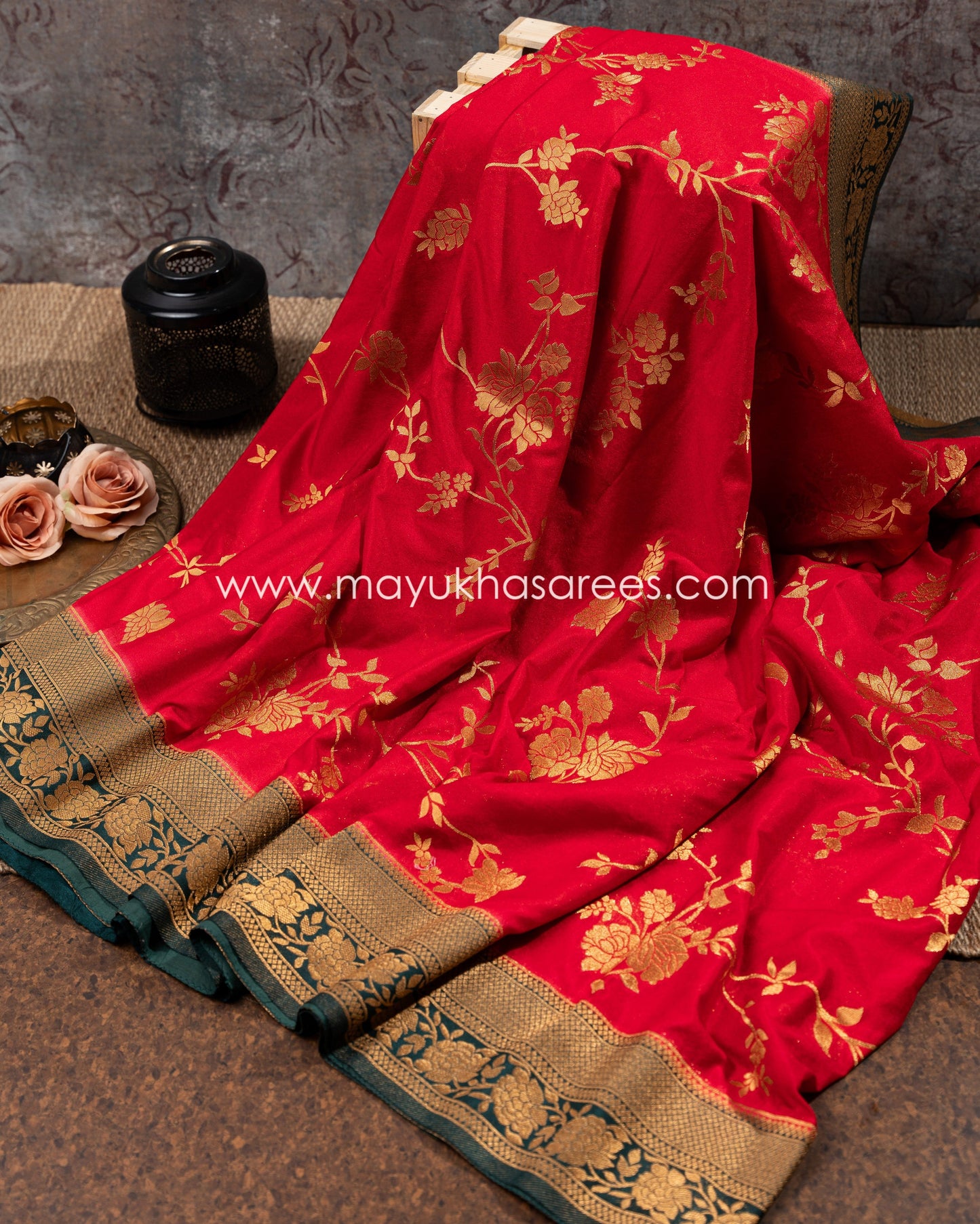 Red And Green Banarasi Munga Silk Saree With Stitched Blouse mayukhasarees