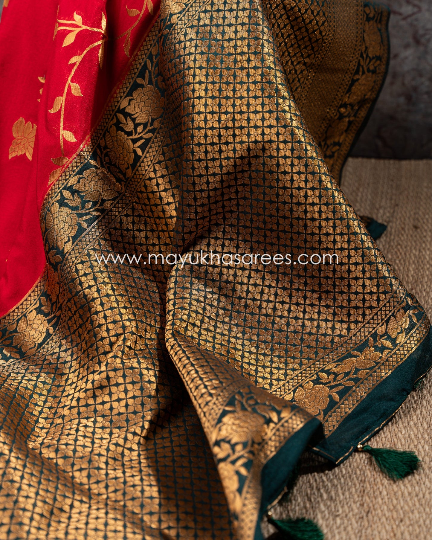 Red And Green Banarasi Munga Silk Saree With Stitched Blouse mayukhasarees