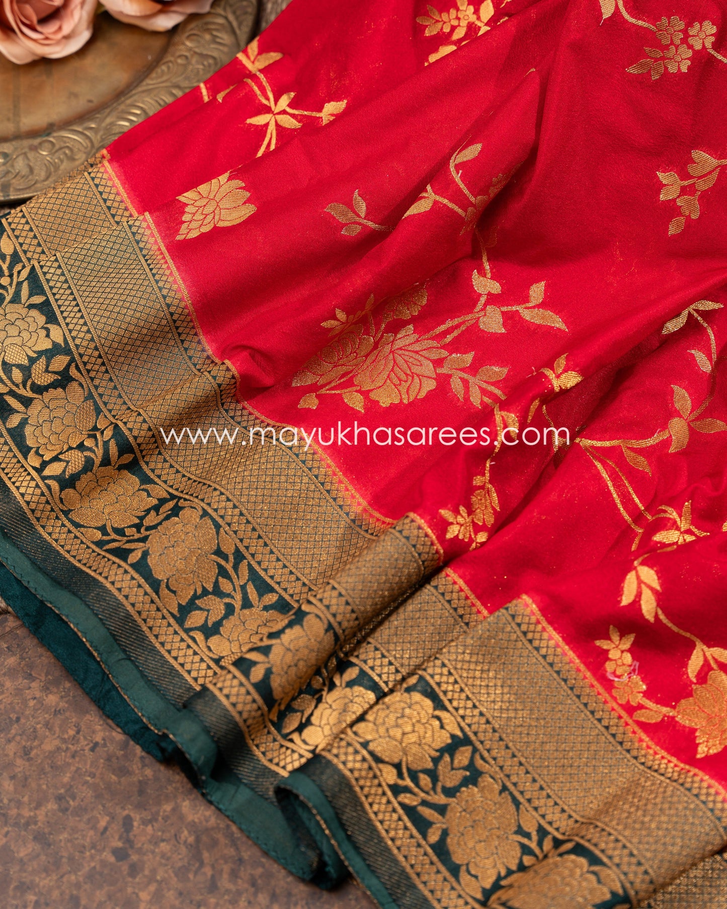 Red And Green Banarasi Munga Silk Saree With Stitched Blouse mayukhasarees