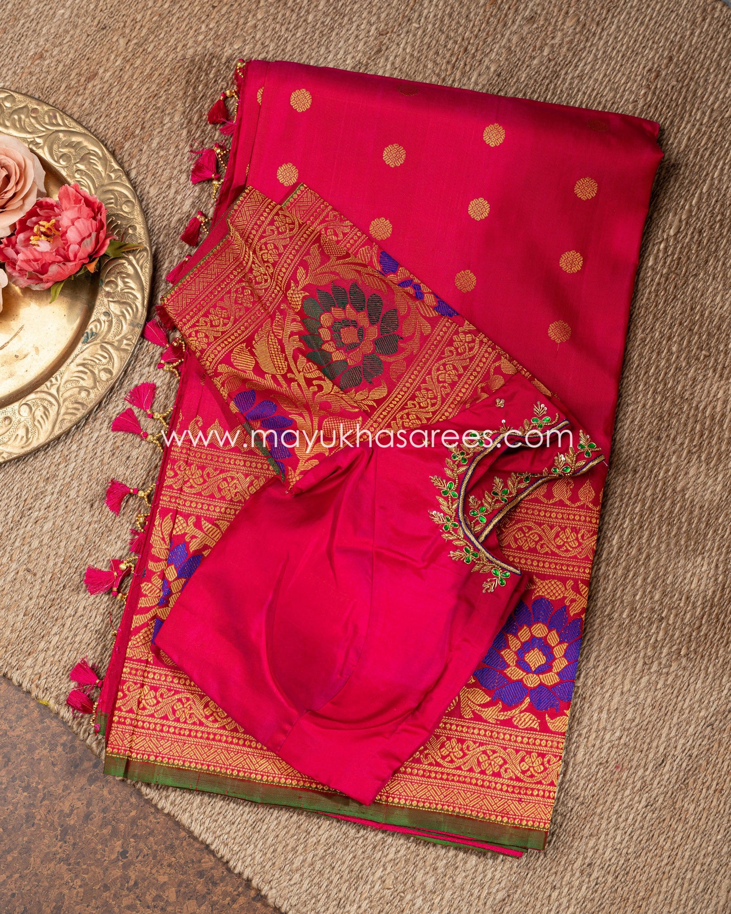 Red And Multi-Colored Gadwal Silk Saree With Stitched Blouse mayukhasarees