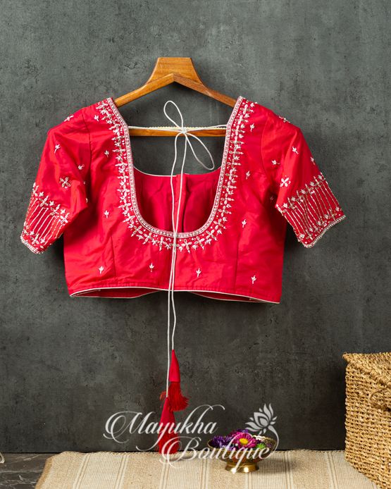 Red & Blue Banaras Pure Silk Kaddi Georgette mayukhasarees