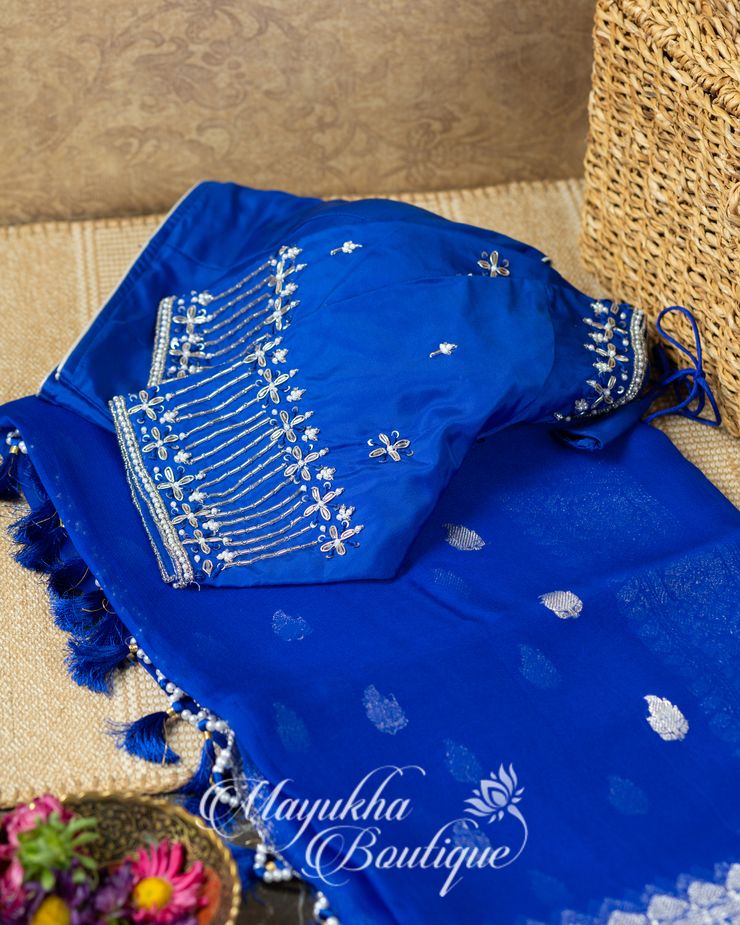 Red & Blue Banaras Pure Silk Kaddi Georgette mayukhasarees