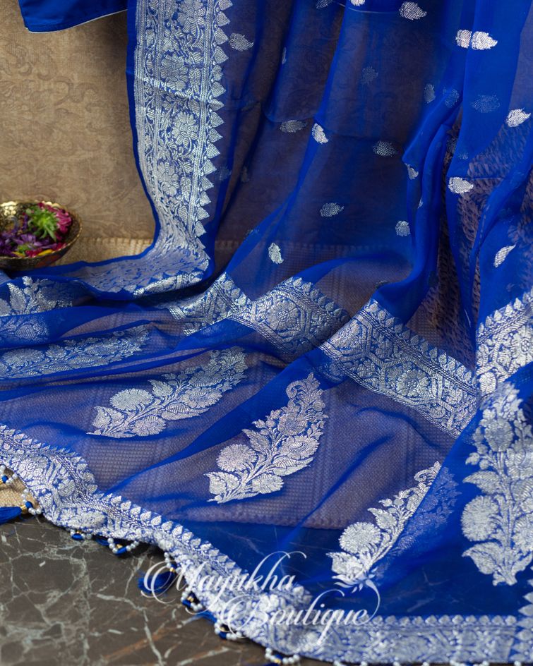 Red & Blue Banaras Pure Silk Kaddi Georgette mayukhasarees