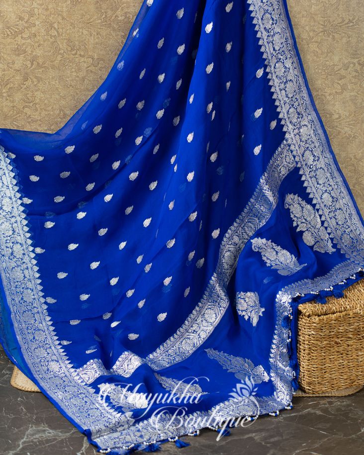 Red & Blue Banaras Pure Silk Kaddi Georgette mayukhasarees