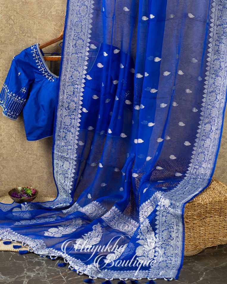 Red & Blue Banaras Pure Silk Kaddi Georgette mayukhasarees