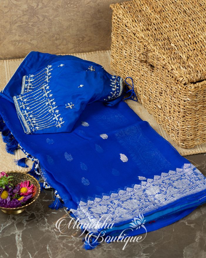 Red & Blue Banaras Pure Silk Kaddi Georgette mayukhasarees