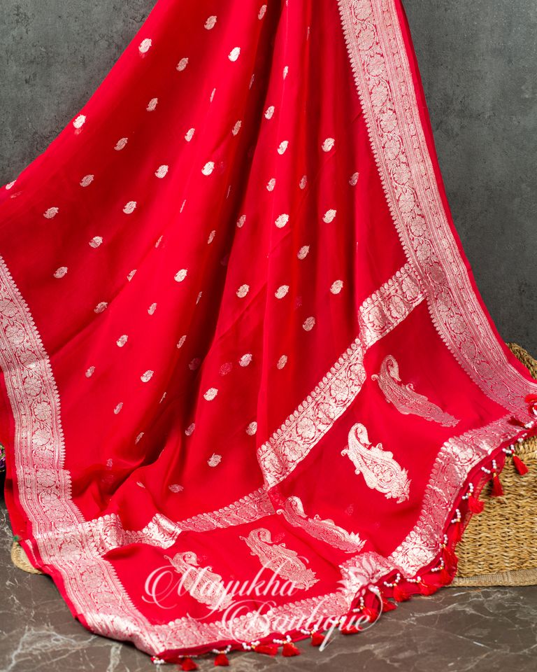 Red & Blue Banaras Pure Silk Kaddi Georgette mayukhasarees