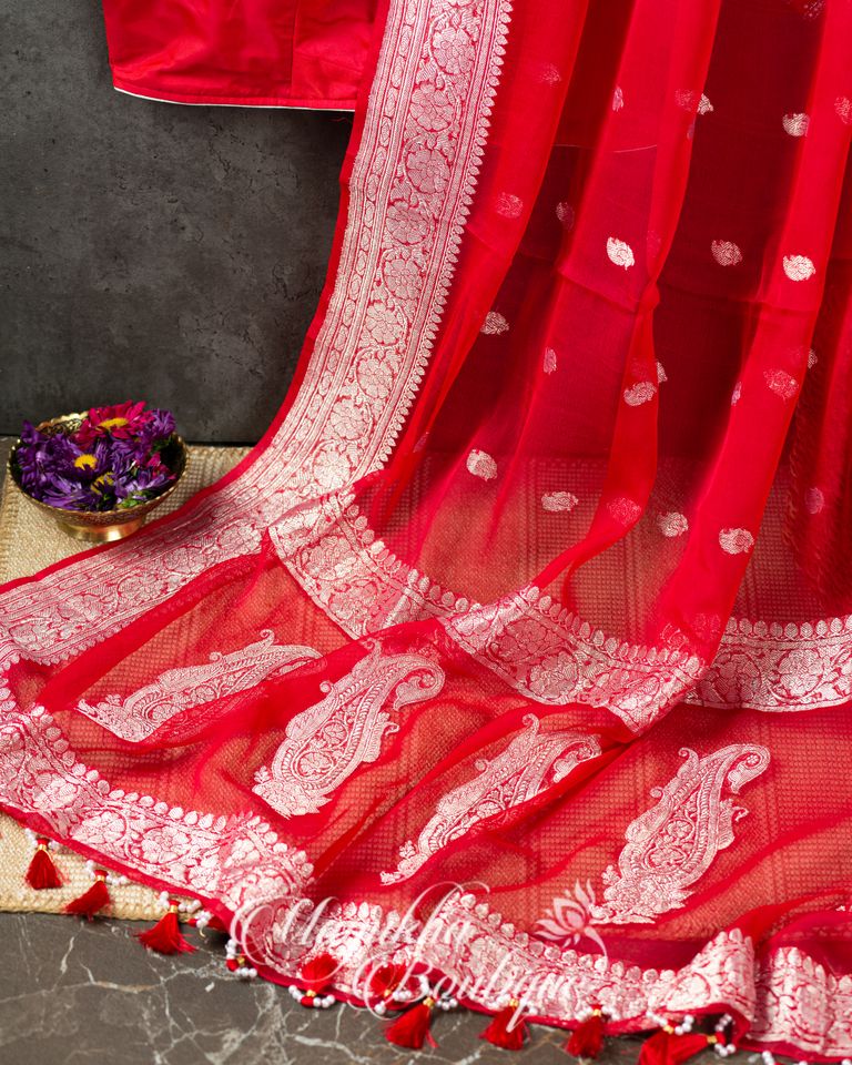Red & Blue Banaras Pure Silk Kaddi Georgette mayukhasarees