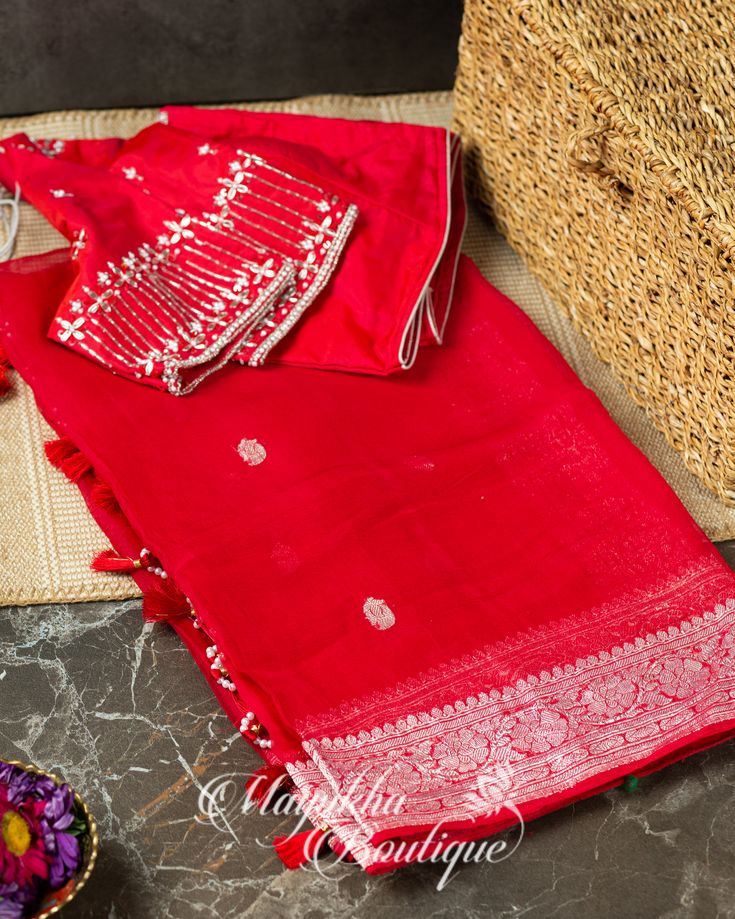 Red & Blue Banaras Pure Silk Kaddi Georgette mayukhasarees