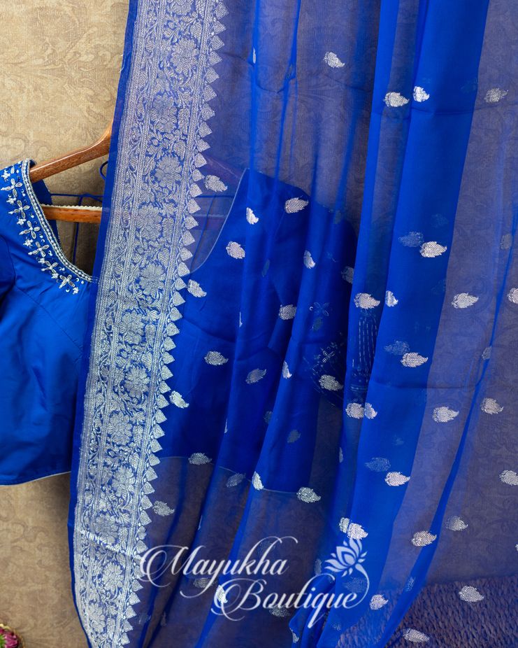 Red & Blue Banaras Pure Silk Kaddi Georgette mayukhasarees