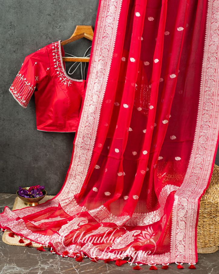Red & Blue Banaras Pure Silk Kaddi Georgette mayukhasarees