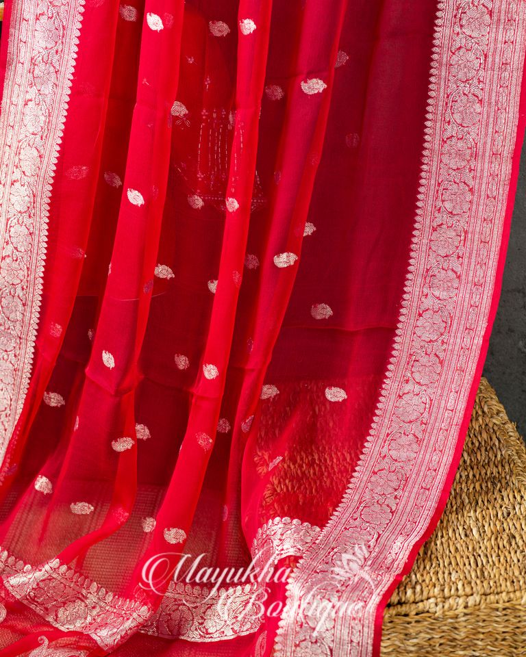 Red & Blue Banaras Pure Silk Kaddi Georgette mayukhasarees