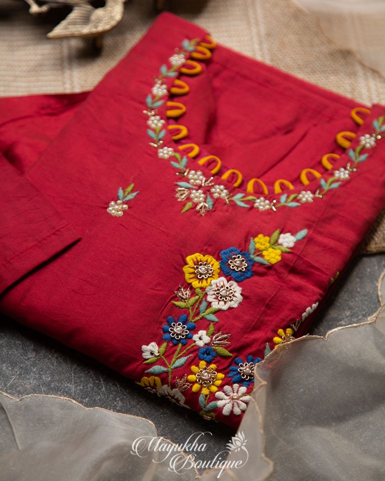 Red Silk Kurthi With Organza Dupatta And Beads Hand mayukhasarees