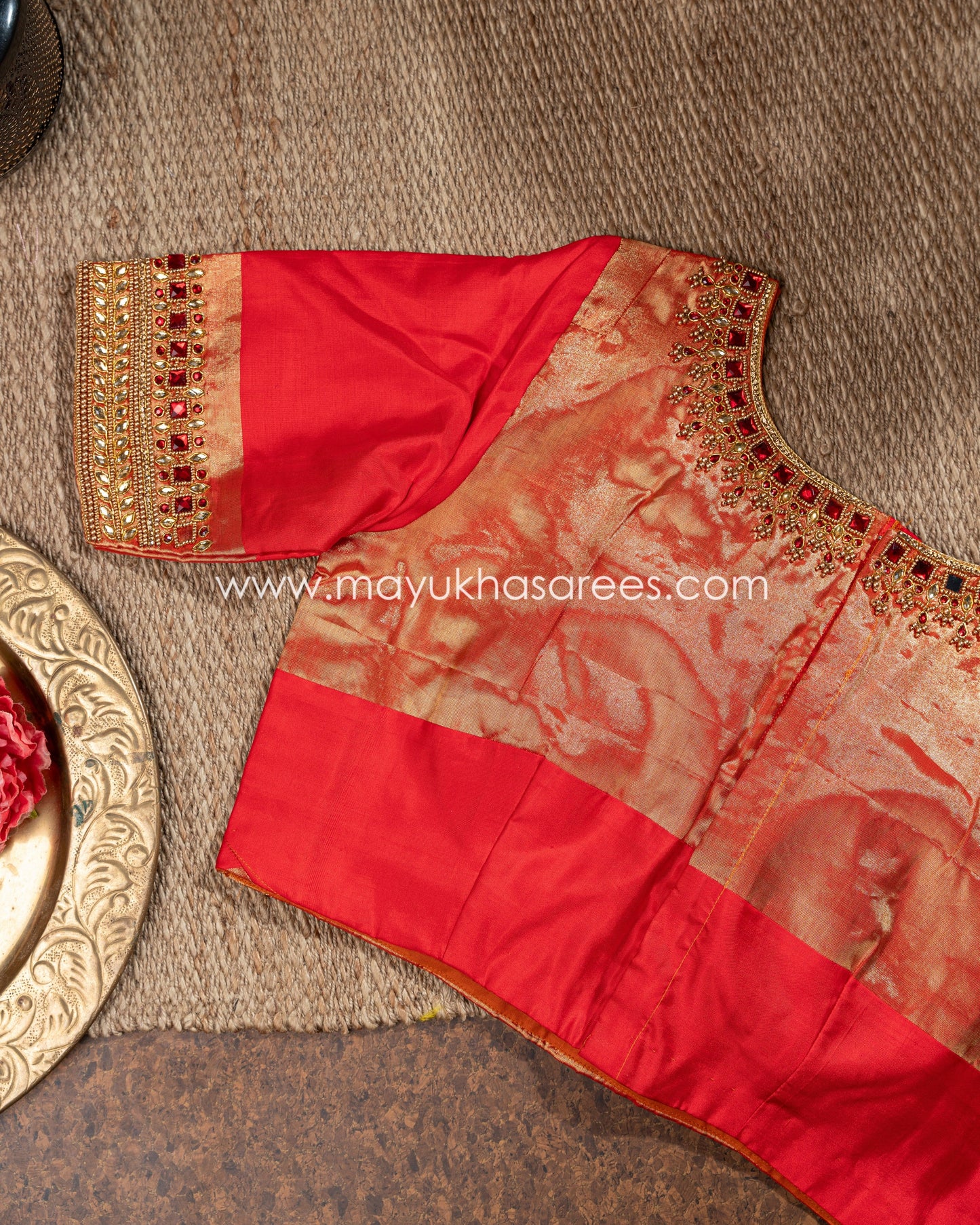 Rose-Gold And Red Kanchipuram Kalamkari Silk Saree With Stitched Blouse mayukhasarees
