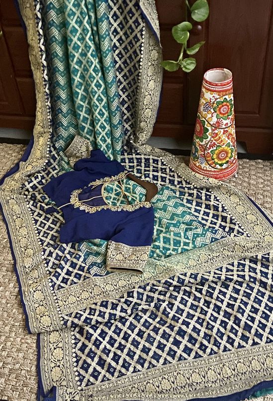 Sea Blue & Navy Blue Banarasi Bandhej Georgette Pure Silk Saree mayukhasarees