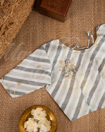 Shimmer Organza Beige Saree With Stitched Blouse In Size 38-44 mayukhasarees