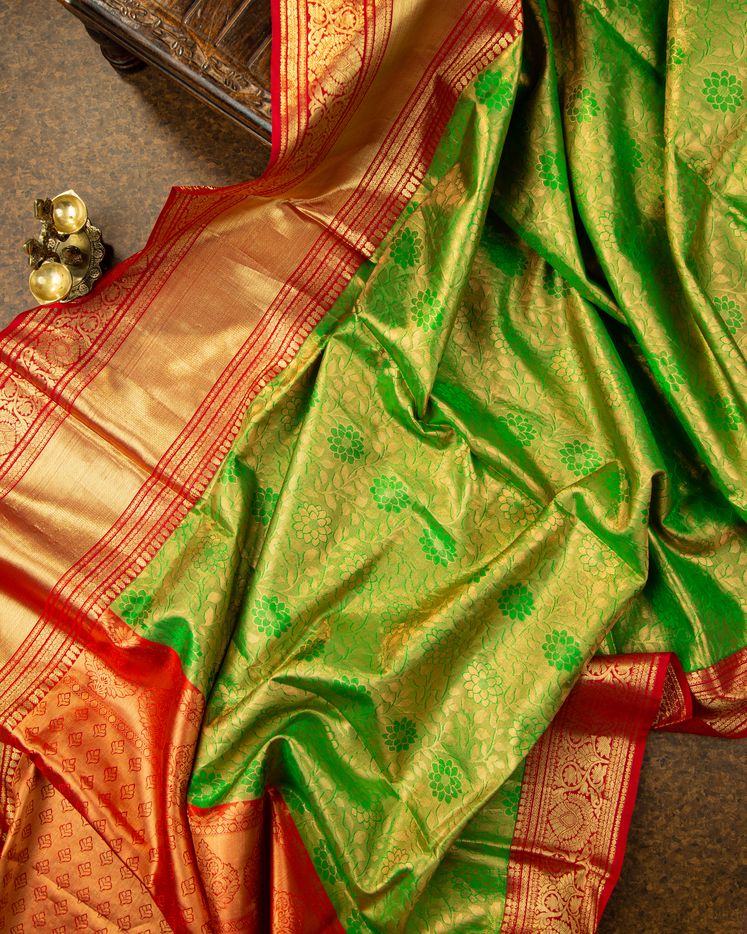 Tissue Green Kanchipuram Koravai With Red Borders mayukhasarees