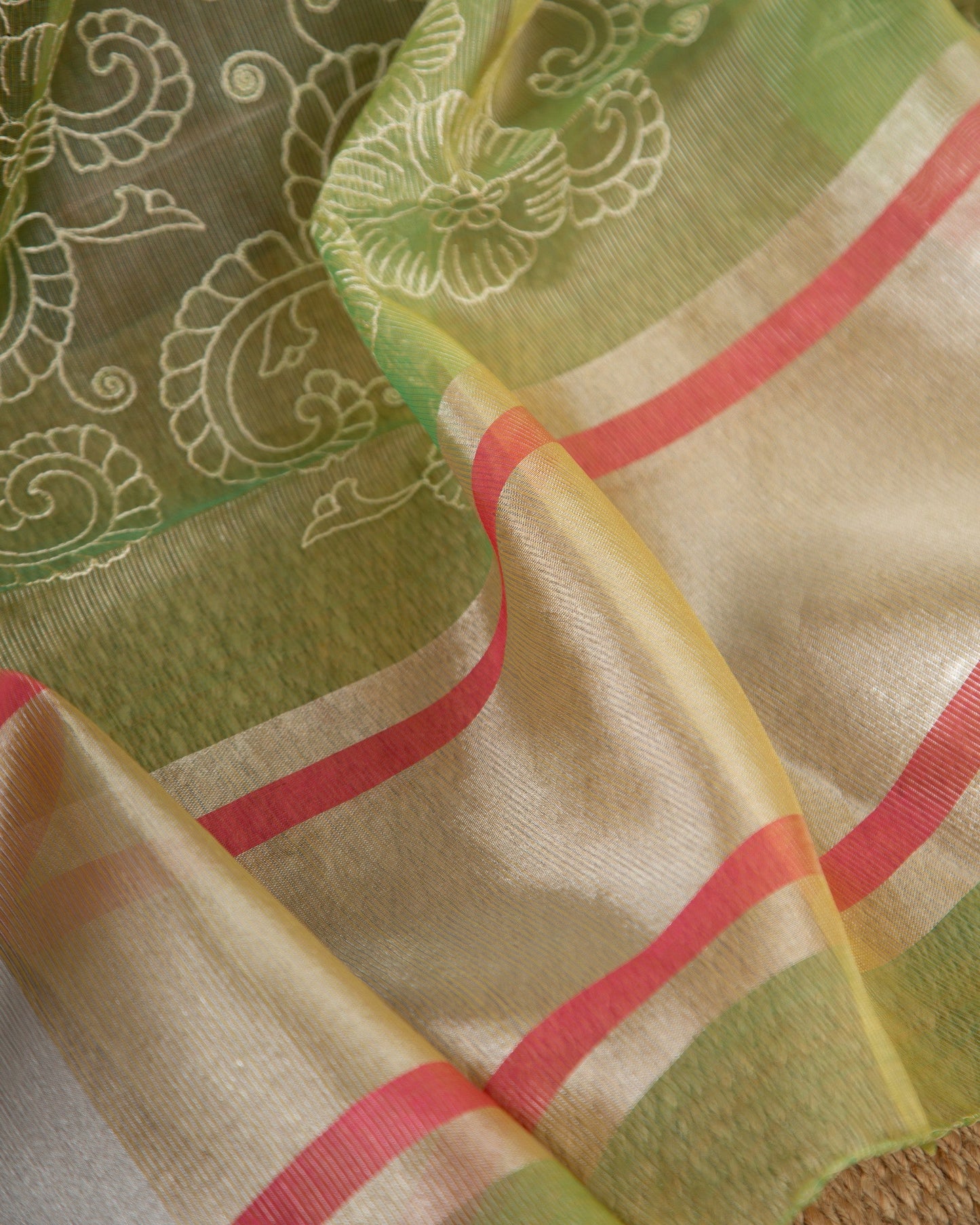 Tissue Linen Green & Red Ethreal Gorgeosness Saree With Stitched Blouse In Size 38-44 mayukhasarees