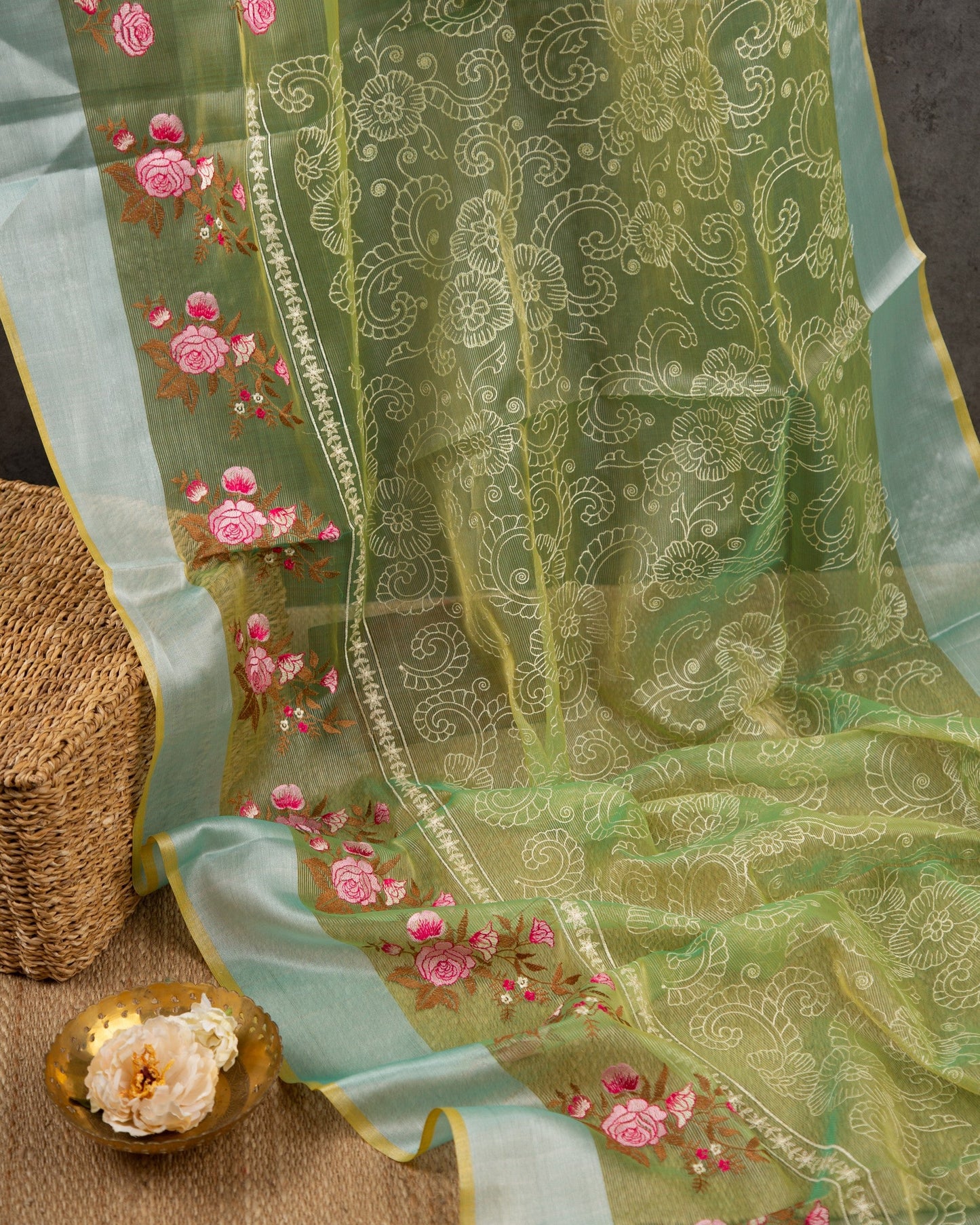 Tissue Linen Green & Red Ethreal Gorgeosness Saree With Stitched Blouse In Size 38-44 mayukhasarees