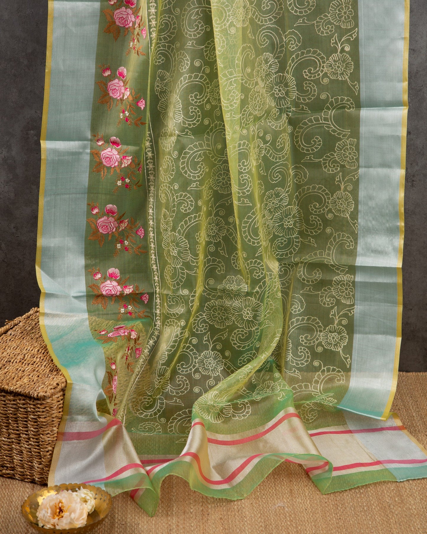 Tissue Linen Green & Red Ethreal Gorgeosness Saree With Stitched Blouse In Size 38-44 mayukhasarees