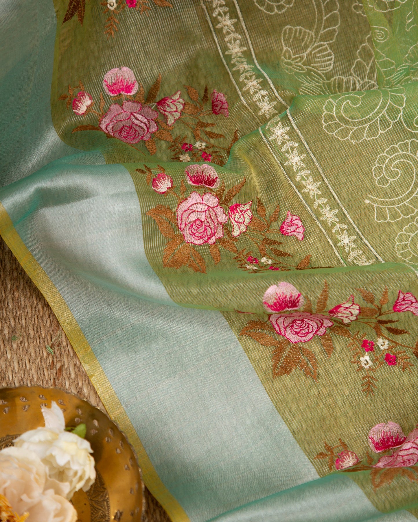 Tissue Linen Green & Red Ethreal Gorgeosness Saree With Stitched Blouse In Size 38-44 mayukhasarees