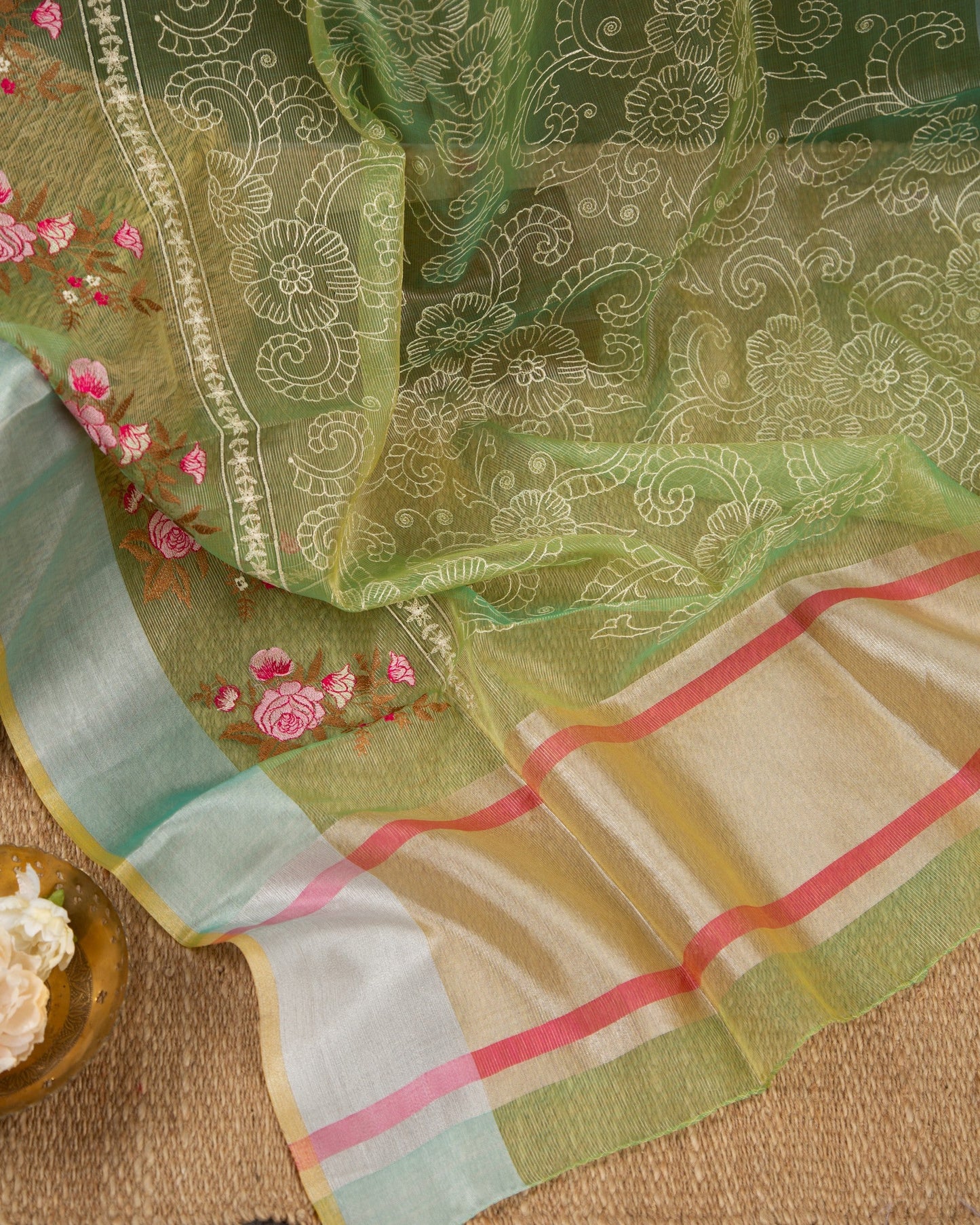 Tissue Linen Green & Red Ethreal Gorgeosness Saree With Stitched Blouse In Size 38-44 mayukhasarees